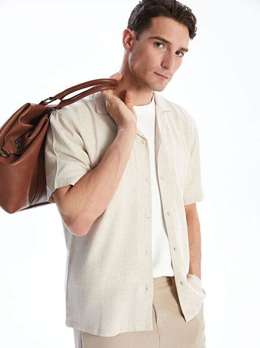 Regular Fit K?sa Kollu Keten Kar???ml? Erkek G?mlek