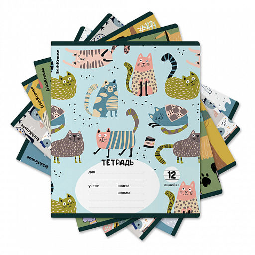 Цена за 10 шт. Тетрадь школьная ученическая ErichKrause Animalism, 12 листов, линейка (в плёнке по 10 шт.)_MIX-PACK