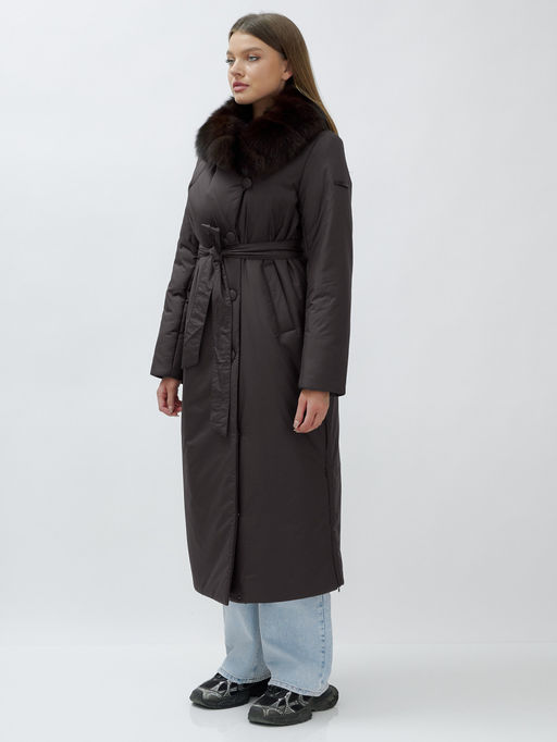Пальто зимнее женское с мехом песец люкс класса темно-коричневого цвета 5071TK - Mtforce фото 3