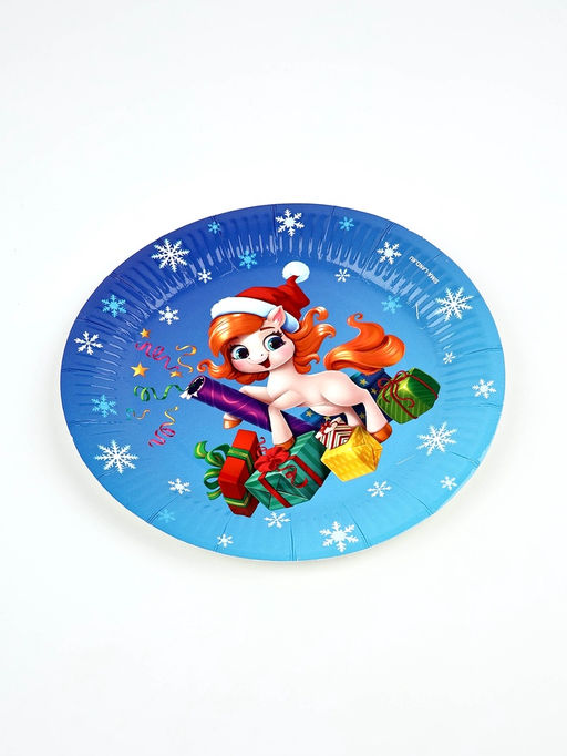 Цена за 10 шт. Тарелка одноразовая новогодняя «Лошадка в шапке», 18 см