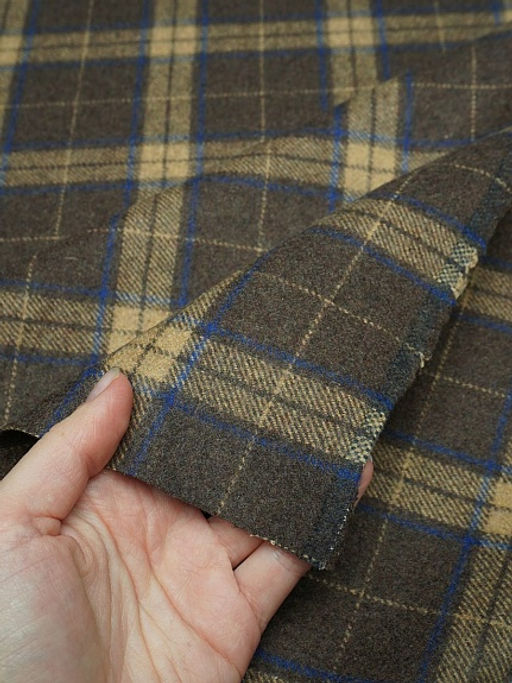 Шерсть пальтово-костюмная Твид Клетка бежево-синяя на коричневом, ш.1.5м, шерсть-50%, п/э-50% - Купава фото 3