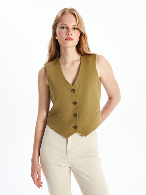 V Yaka D?z Keten Kar???ml? Kad?n Klasik Yelek