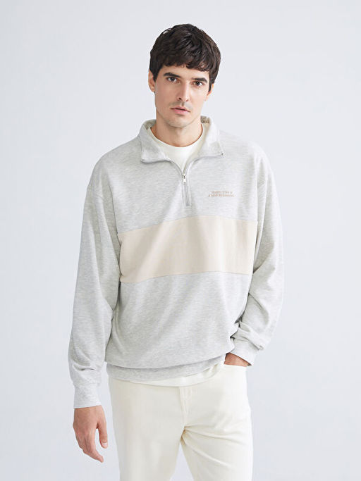 Dik Yaka Uzun Kollu Bask?l? Erkek Sweatshirt