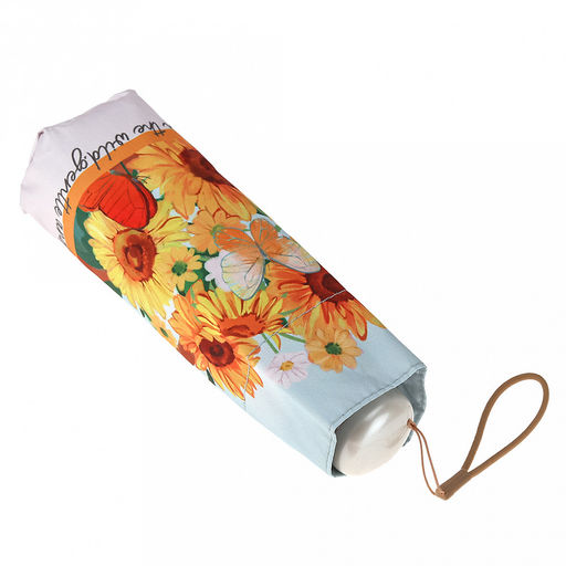 Зонт-мини механический Цветы и бабочки ткань эпонж (полиэстер) с деколью + черное УФ-покрытие, 6 лучей, д/купола 91см, 5 сложений, 17см в сложенном виде, механизм против ветра, пластмассовая ручка, подсолнухи, 223гр (Китай) - Домашняя Мода фото 8