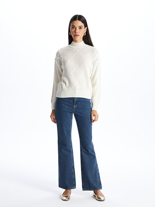 Yar?m Bal?k?? Yaka Kendinden Desenli Uzun Kollu Kad?n Triko Kazak