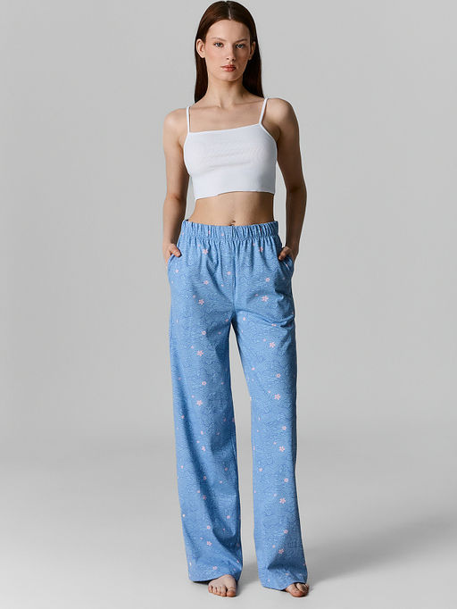 Брюки домашние женские голубые с узором