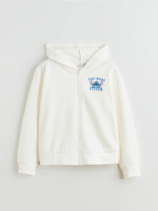 Kap??onlu Stitch Bask?l? K?z ?ocuk Fermuarl? Sweatshirt