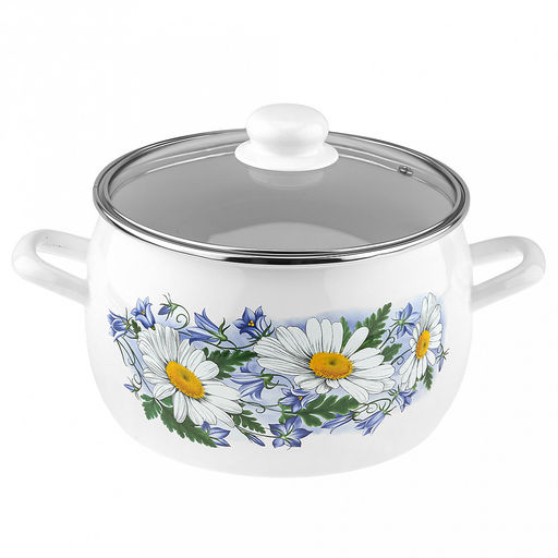 Ромашковое поле Кастрюля эмалированная 5,0л, форма полусфера, стеклянная крышка, нержавеющий ободок (Россия)