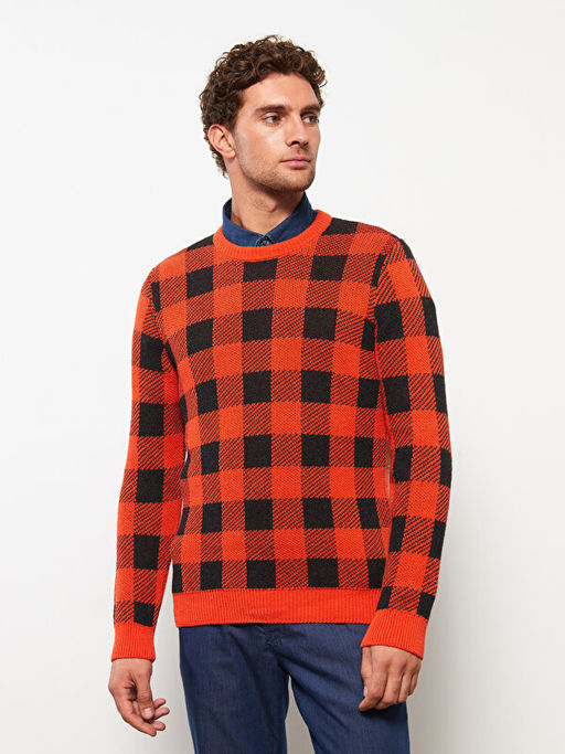 Bisiklet Yaka Uzun Kollu Ekose Erkek Triko Kazak