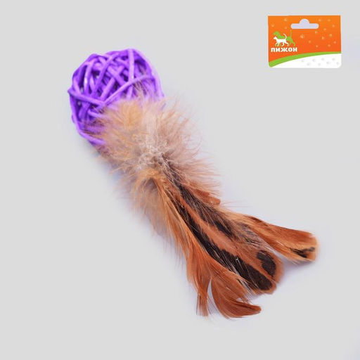 Цена за 2 шт. Игрушка для кошек Шар из лозы с пером, 3,8 см, синий/фиолетовый - Пижон фото 3