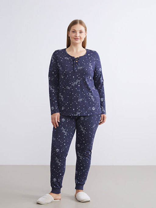 Ba?lamal? Yaka Bask?l? Kad?n Pijama Tak?m?