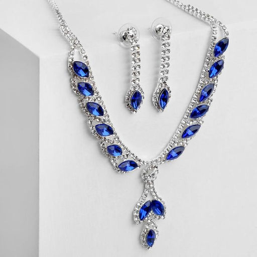 Набор 2 предмета: серьги, колье Листопад ромб, цвет сине-белый в серебре, 45 см