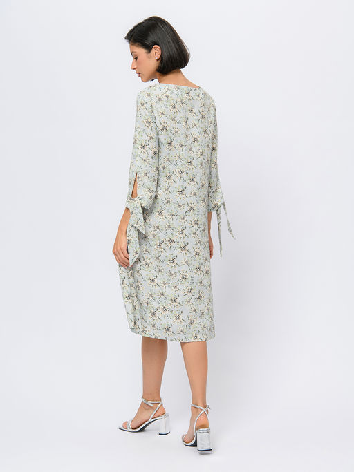 Платье серо-голубого цвета длины мини с принтом и завязками на рукавах - 1001dress фото 4