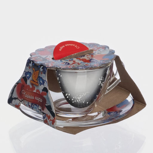 Чайная пара новогодняя Снегири на рябине, 200 мл, блюдце d=13 см, стекло, прозрачная