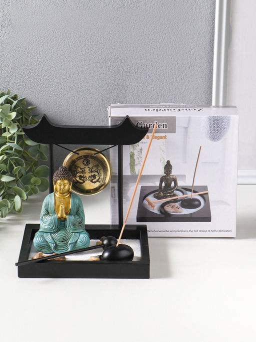 Сад Дзен "Будда в бирюзовом у гонга" песок+камни+аромапалочки 13,2х15х16 см