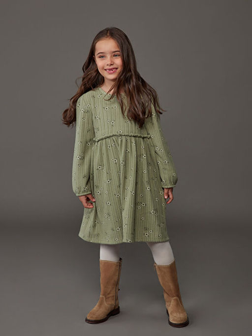 Bisiklet Yaka Uzun Kollu ?i?ek Desenli K?z ?ocuk Elbise