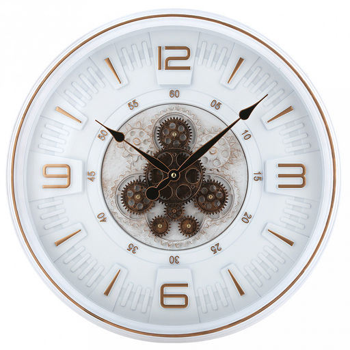 Часы настенные "Хронос" д49см, h7см, мягкий ход, циферблат "Шестеренки", белый/коричневый потертый; цифры арабские, медный; корпус пластик, белый, полоски медного цвета; в лотке (Китай)