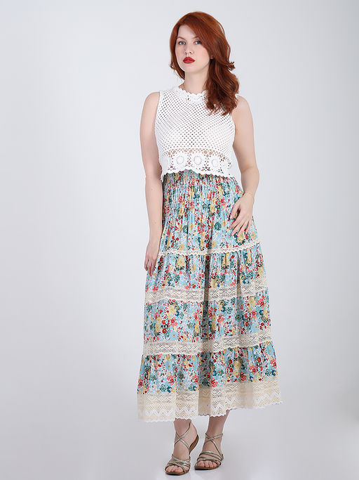 Юбка с кружевом летняя больших размеров с цветами - Almond фото 4