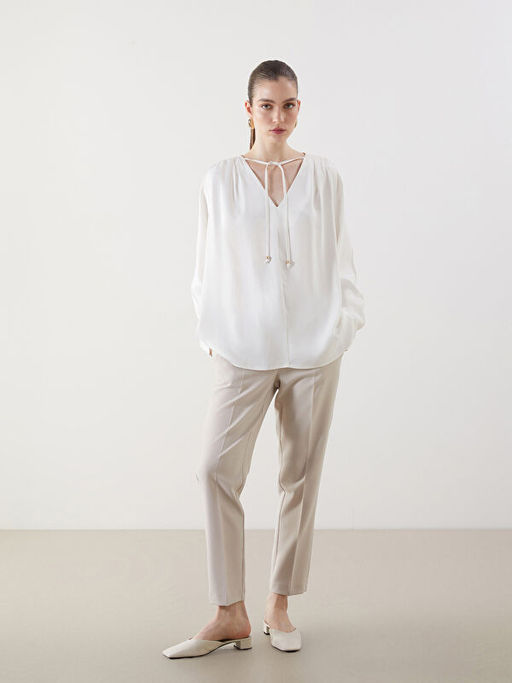 V Yaka Saten Kad?n Bluz