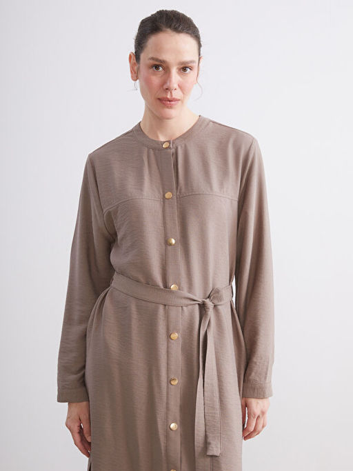 Bisiklet Yaka Keten G?r?n?ml? G?mlek Elbise