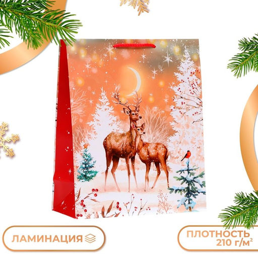 Цена за 2 шт. Пакет подарочный новогодний ламинированный Олени, 26?32?12 см