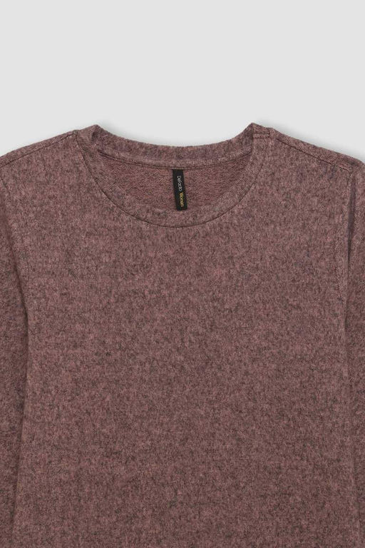 Женская повседневная базовая однотонная футболка с круглым вырезом и длинными рукавами обычного кроя - Defacto фото 2