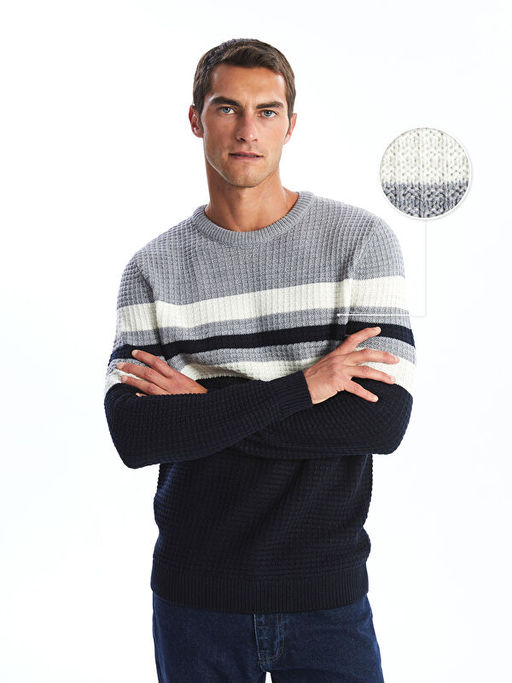 Bisiklet Yaka Uzun Kollu ?izgili Erkek Triko Kazak