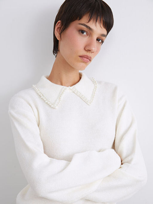 Polo Yaka Boncuk ??lemeli Kad?n Triko Kazak