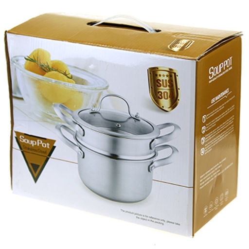 "Люкс" Пароварка из нержавеющей стали 4,5л, д22см, h19см, стеклянная крышка, ручки нержавеющая сталь, с теплораспределительным дном 0,8см, цветная коробка (Китай)