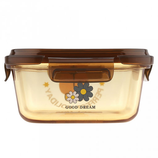 "Мишины мечты" Контейнер стеклянный 780мл, 14,8х14,8см h6,3см, боросиликатное стекло, с деколью, цвет - медовый, квадратный, пластмассовая крышка с пароотводом, герметичная, с клипсами, с силиконовым уплотнителем (Китай)