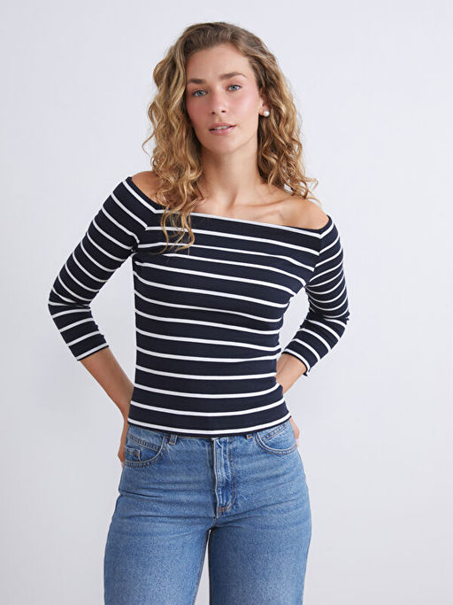 Kay?k Yaka ?izgili Kad?n Ti??rt