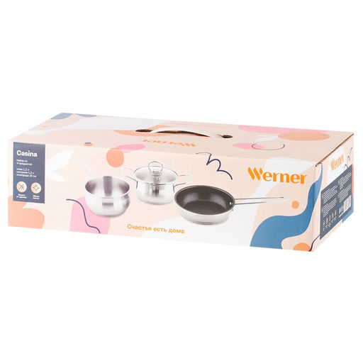 51795 WERNER Набор посуды CASINA из 4 пр. (ковш 14х7,5 см/1,2 л, кастрюля с крышкой 14х7,5 см/1,2 л, сковорода 16х4 см), с индукционным дном. Материал: нержавеющая сталь 18/10. Толщина стенок: 0,6 мм, толщина дна: 3,1 мм.