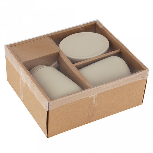 Набор для ванной "Эстетик" 3 предмета: дозатор для мыла 410мл; мыльница 11х8,6х2,2см; стакан для зубных щеток 410мл; фурнитура пластик, керамика, матовая глазурь, кремовый, в коробке (Китай)