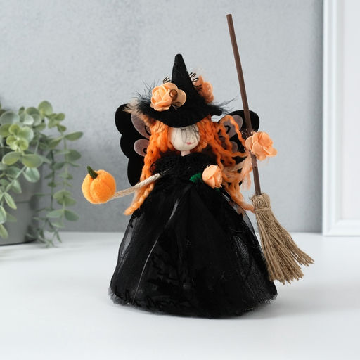 Интерьерная кукла текстильная Ведьмочка в чёрном платье с метлой, 7?11.5?22 см - Simaland фото 2