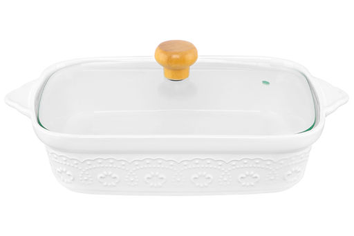 Блюдо д/запекания и сервировки 1,1 л 30*18*13 см "Белый узор" с стекл крышкой на дер подст.