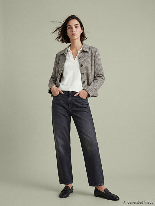 G?mlek Yaka Ekose Kad?n Ceket