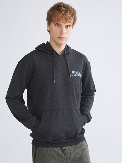 Uzun Kollu Bask?l? Erkek Hoodie