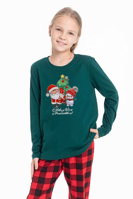 Футболка длинный рукав с новогодним принтом М225123Пз зеленый