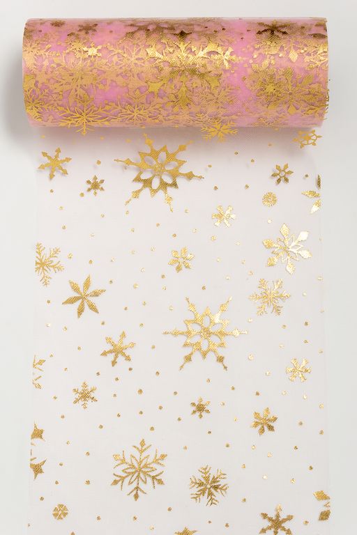 Фатин Снежинки 15 см*15 ярд (SF-3776) розовый/золото - Больше подарков фото 2