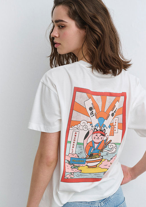 Delicious Bask?l? Beyaz Tisort - Mavi фото 3