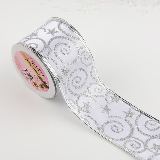 Лента атласная с металлической нитью «Узоры со звездой», 60 мм, 9±0.5 м, цвет белый, серебряный
