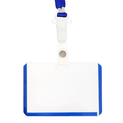 Бейдж - карман горизонтальный пластиковый, внешний размер 100×68 мм, внутренний размер 85×54 мм, лента 80×1.2 см, синий