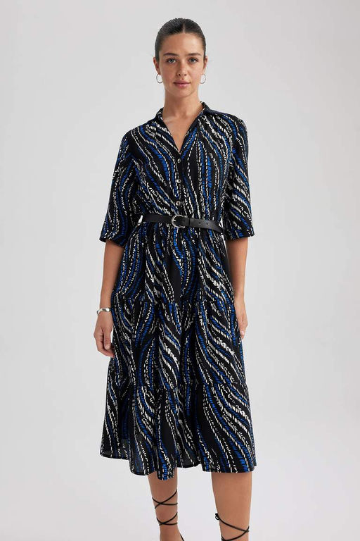 Платье миди с воротником-рубашкой и узором до половины рукава - Defacto фото 4