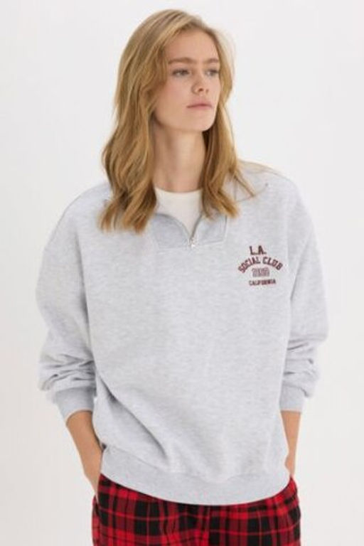 Coool Oversize Genis Kal?p Fermuarl? Dik Yaka Bask?l? Kal?n Sweatshirt