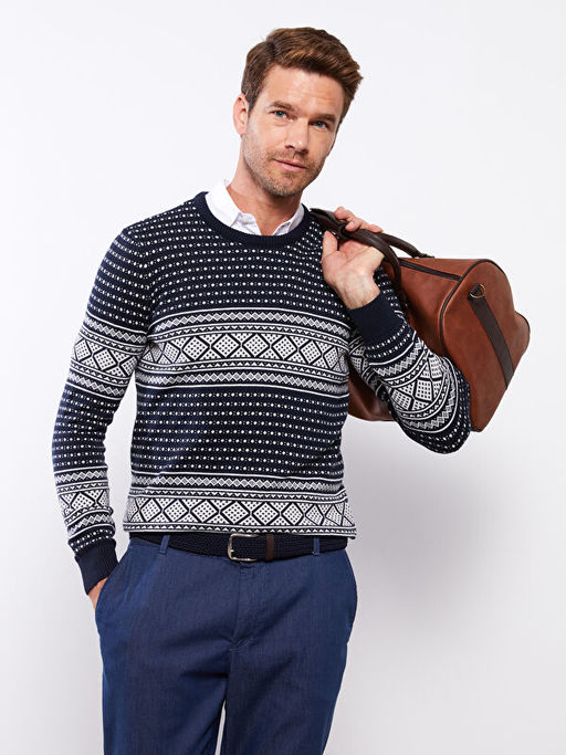 Bisiklet Yaka Uzun Kollu Desenli Erkek Triko Kazak