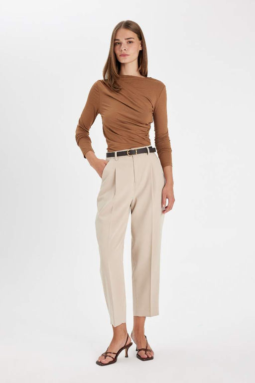 Женская облегающая повседневная футболка с узким вырезом и длинным рукавом - Defacto фото 2