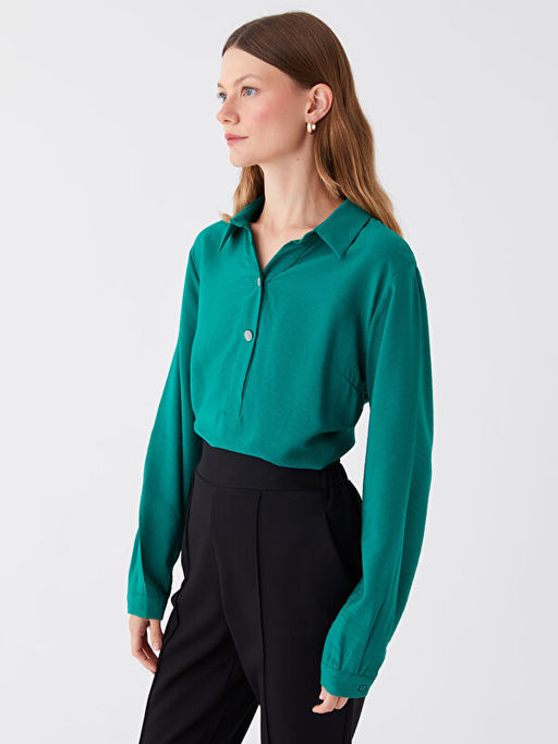 G?mlek Yaka D?z Uzun Kollu Kad?n Bluz