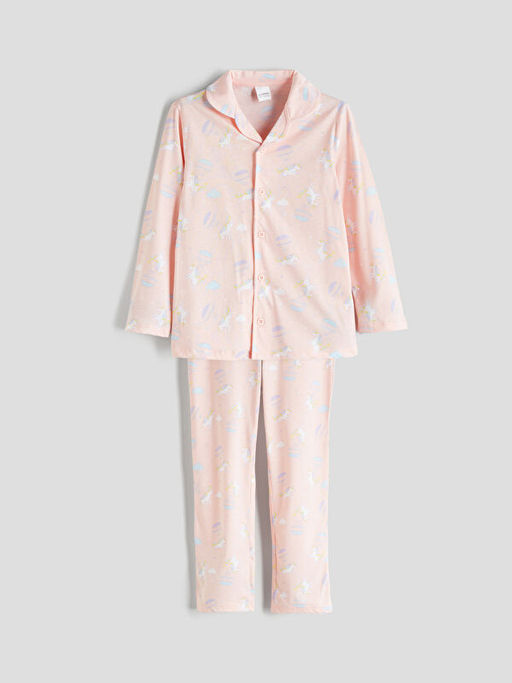 G?mlek Yaka Bask?l? K?z ?ocuk Pijama Tak?m?
