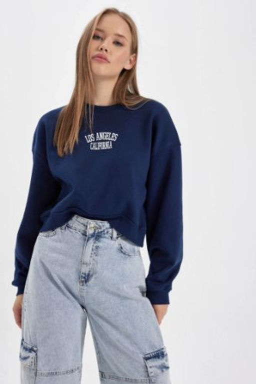 Coool Oversize Genis Kal?p Bisiklet Yaka Bask?l? Kal?n Sweatshirt