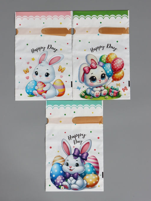 Цена за 50 шт. Пакет  полиэтиленовый подарочный "Заяц с цветами", с завязками, 15х23±1 см